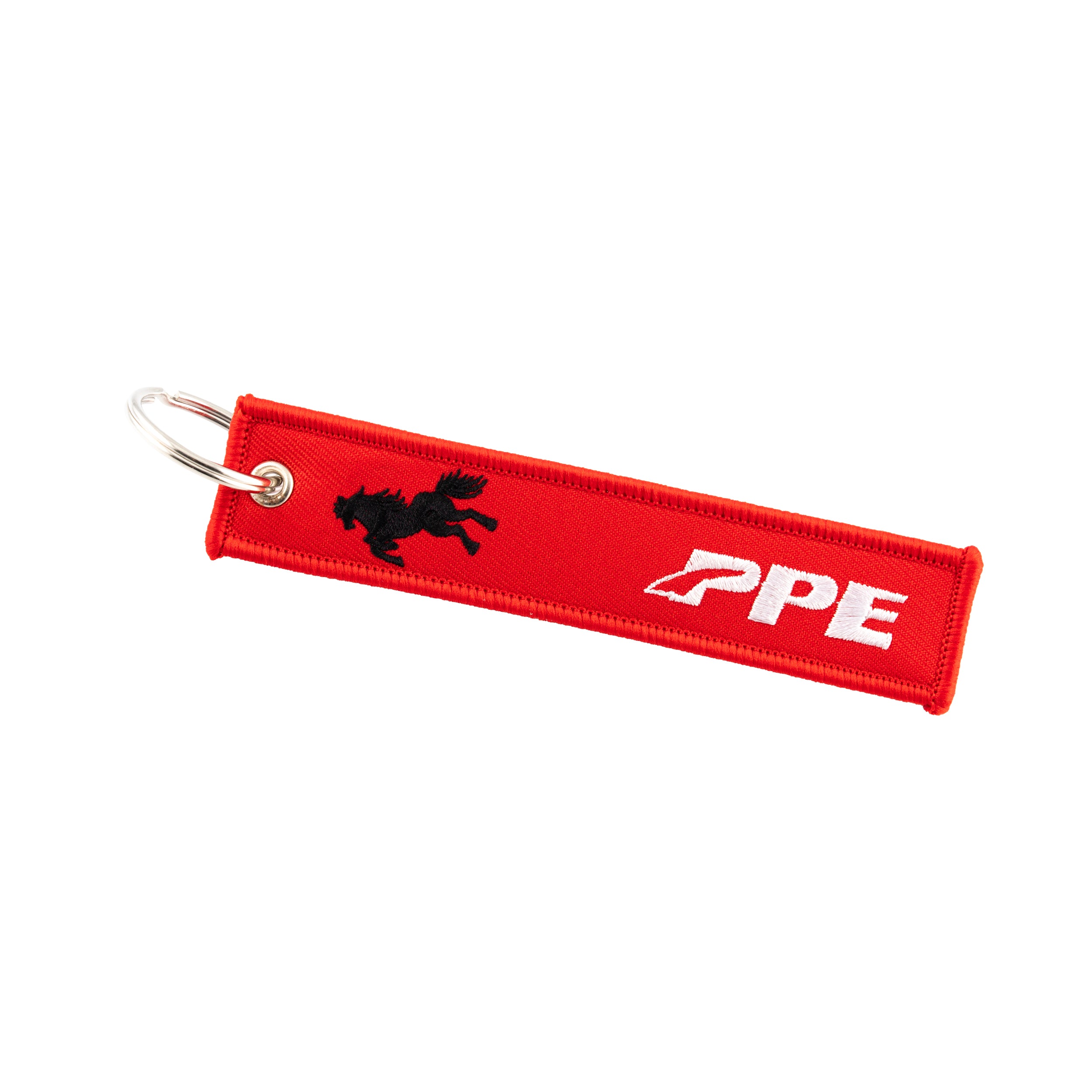 Remove Before Flight Key Chain - Red Fabric with White Embroidery & Black Horse