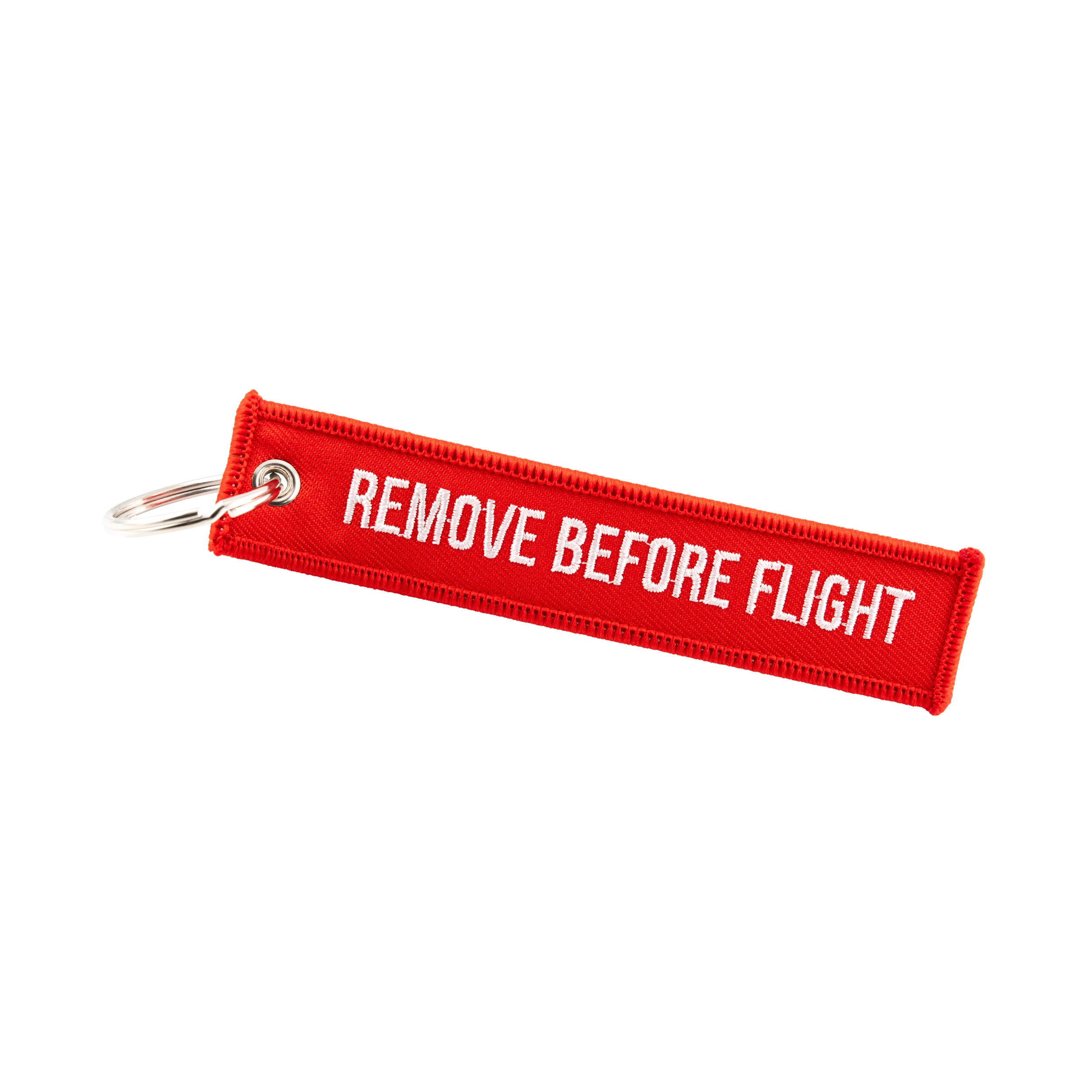 Remove Before Flight Key Chain - Red Fabric with White Embroidery