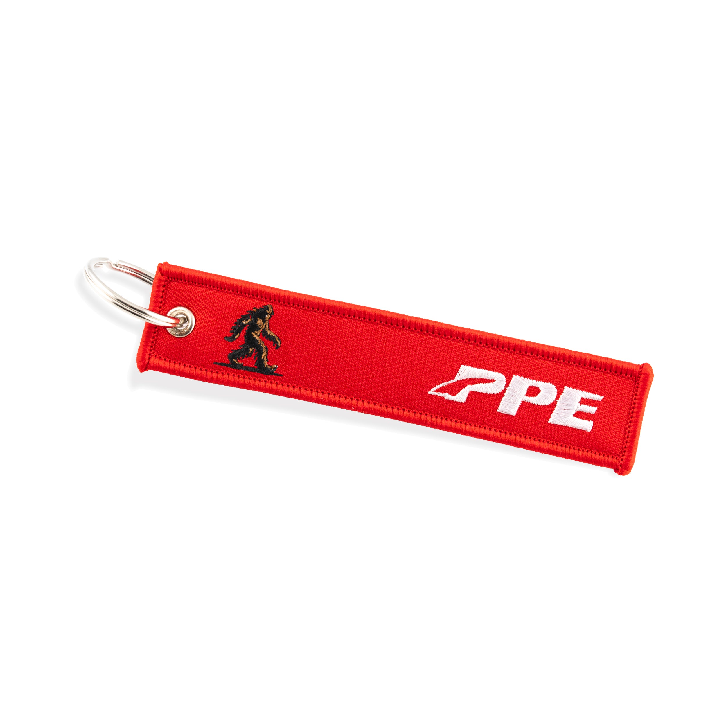 Remove Before Flight Key Chain - Red Fabric with White Embroidery & Sasquatch