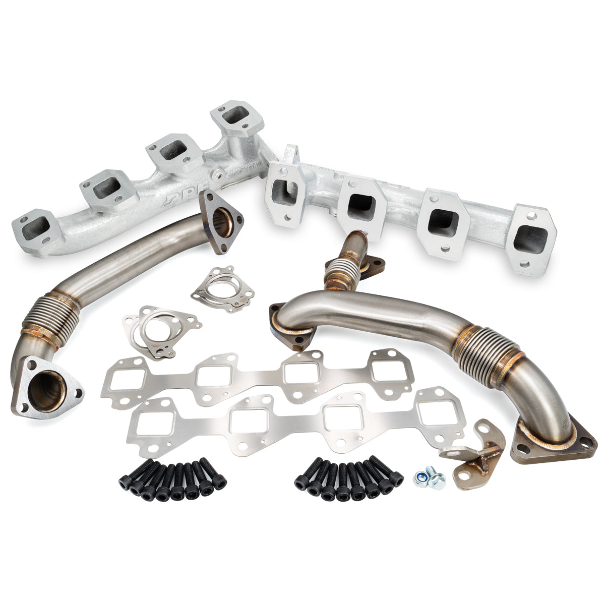 Doctor Diesel Stainless Exhaust Manifolds & Turbo Up Pipes – 2004.5-2010 6.6L Duramax – Polished, Gaskets & Hardware Included